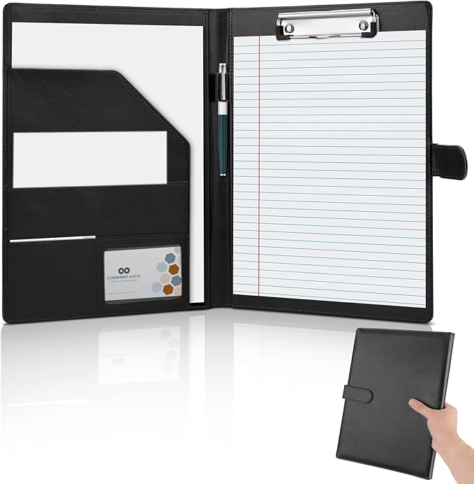 Professional Padfolio,Black Faux Leather Portfolio Binder | Includes clipboard,business card holder and document storage for office,conference,interviews,resume papers and business use