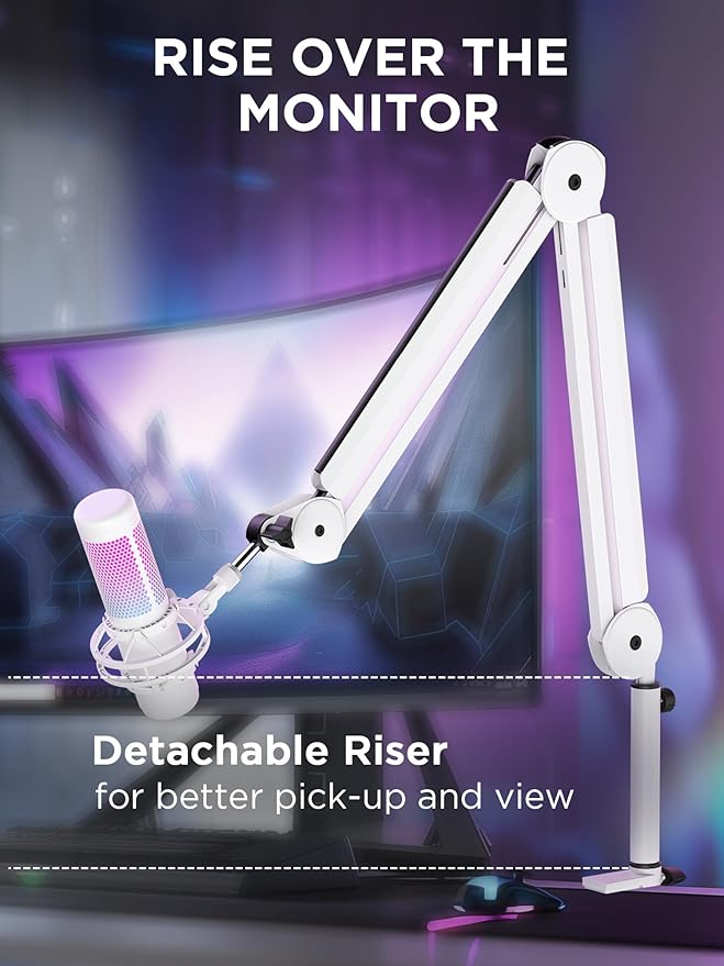 InnoGear Mic Boom Arm Microphone Stand Cable Management for Blue Yeti FIFINE AM8 K669B HyperX QuadCast S SoloCast AT2020 and Other Microphone, White