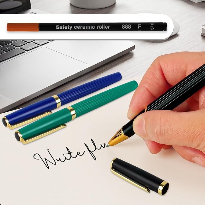 Rollerball Pen Smooth Writing Ballpoint Pens Gift Set, Metal Body with 2 Schmidt Refills, Journal Notebook Pen for Women Men Business signature Office School (Green)