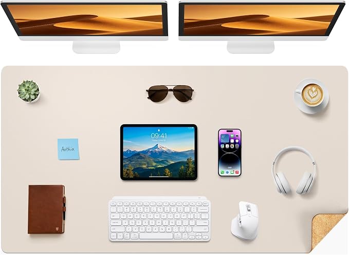 Aothia Dual-Sided Desk Mat, FSC Cork & PU Leather Desk Pad, Large Mouse Pad & Writing Surface for Full Desk Coverage, Non-Slip Waterproof Desk Protector - 47" x 23.6", Cream