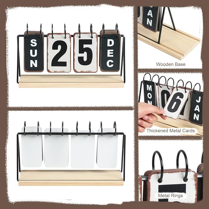 Metal Flip Calendar with Wooden Base, Daily Perpetual Desk Calendar with Large Display, Modern Farmhouse Desktop Calendar for Home Office Decor, Reusable and Foldable