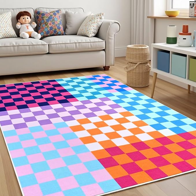Terrug Multicolored Checkered Rug for Bedroom,4x6 Area Rugs Washable with Non Slip for Living Room,Soft Low Pile Stain Resistance Retro Carpet for Dorm Kids Room