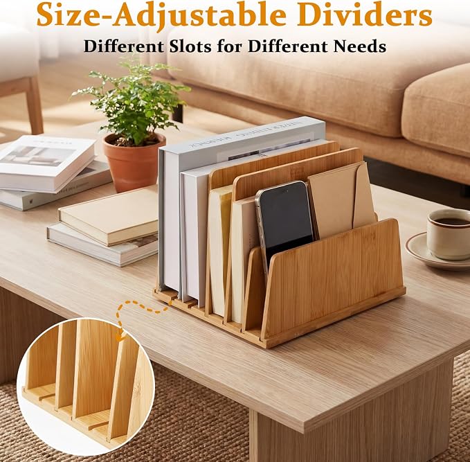 Unittype Bamboo Multi Device Organizer, 6 Slots Vertical Laptop Storage Rack, Computer Charging Station for Smartphones, Tablets and Laptops, Space Saving Organizer for Home Office