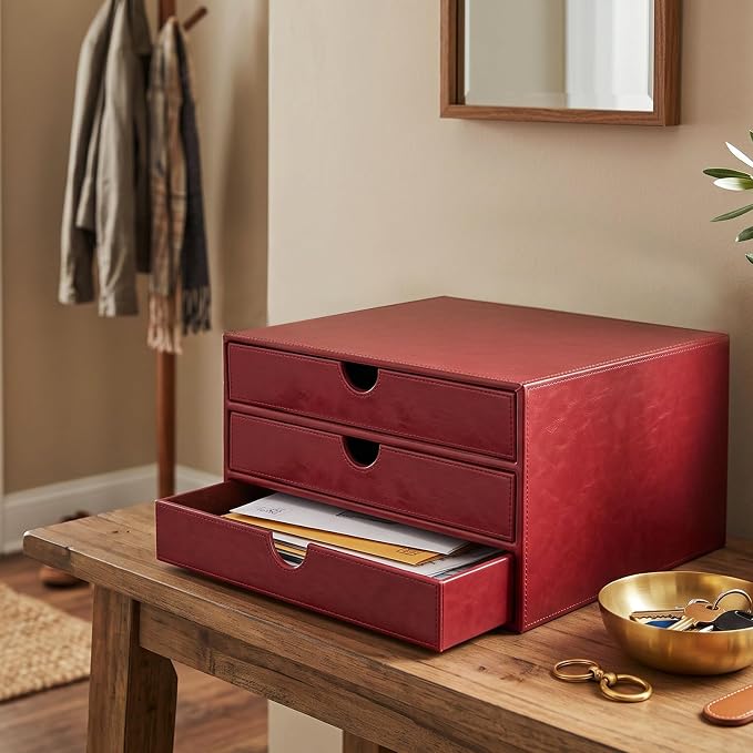 UnionBasic Document Organizer, 3-Drawer File Cabinet Document Storage Box, Office Desktop Filing Organizer, Burgundy