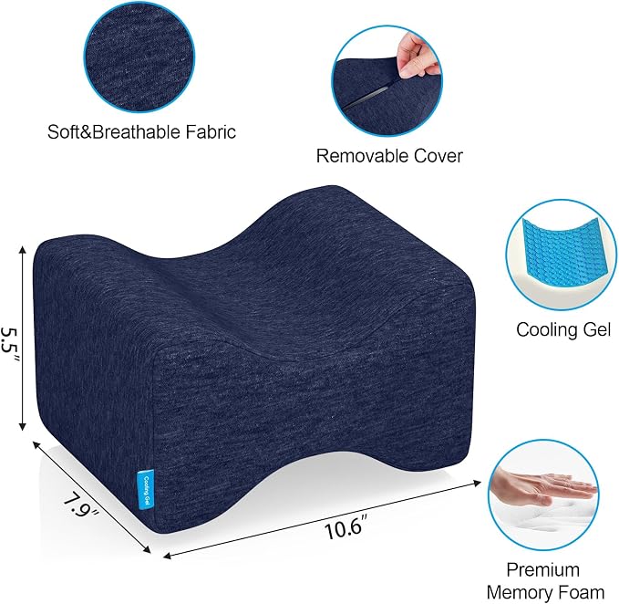 Knee Pillow for Side Sleepers with Cooling Gel, Memory Foam Elevation Pillow for Spine Aligning, Sciatica, Back, Hip, Knee, Ankle Pain, Blue/Large