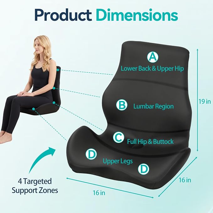 Seat Cushion with Back Support, Ergonomic Integrated Design | Memory Foam Seat Cushion with Lumbar Support Pillow, Relieves Coccyx & Sciatica Discomfort, Ideal for Office Chairs