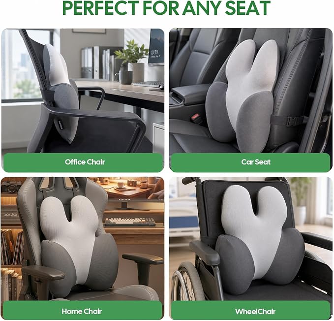 Full Back Support Pillow for Office Chair, 3-Zone Memory Foam | Large 3-zone memory foam backrest with breathable washable cover and adjustable strap for office chairs and wheelchairs