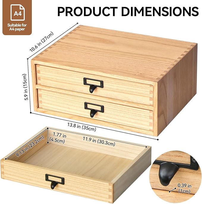 KIRIGEN Solid Wood Desk Organizer with 2 Drawers, Desktop Storage, Natural | 2-Drawer Cabinet for Printer Paper, Mail, Notebooks, and Office Supplies, 13.78 x 10.6 x 5.9 In, Fully Assembled
