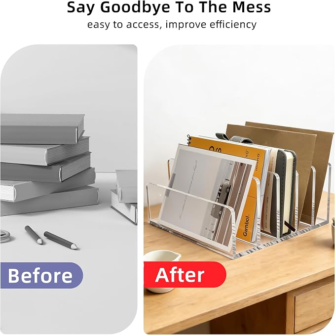 Clear Acrylic 5-Compartment Mail & Letter Desk Organizer | 5mm thick, 5 compartments organize mail, bills, letters & more. Crystal clear acrylic, non-slip pads. No assembly.