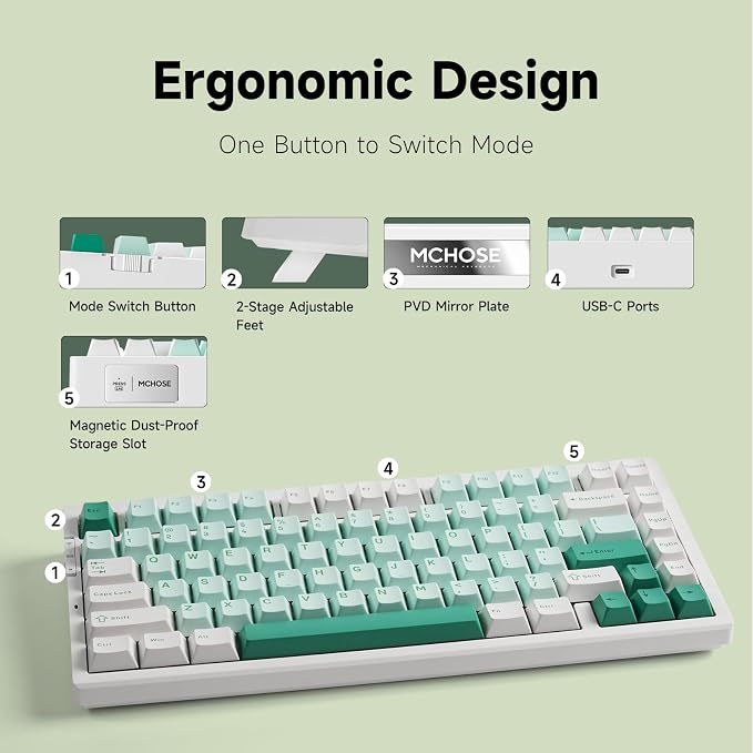 MCHOSE G75 PRO 75% Wireless Mechanical Keyboard, TKL Keyboards Tri-Mode BT5.0/2.4GHz/USB-C, Hot Swap Custom Creamy Keyboards Linear Switch, Double Shot PBT Keycaps RGB LED Backlit, White&Green
