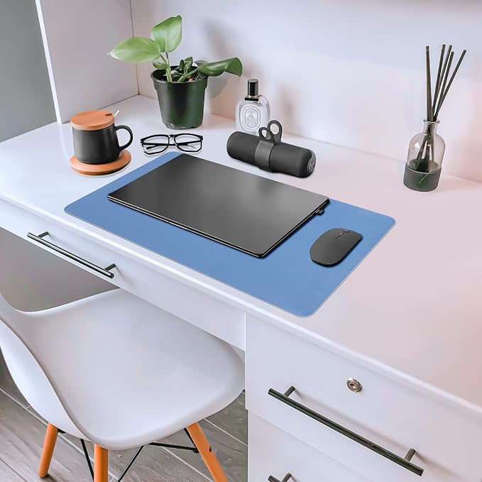 Desk Pad Mat, Leather Desk Mat for Desktop, Blue Computer Mouse Pad Non-Slip, Waterproof Keyboard Mats for Office/Home/Decor, 23.6" x 13.7"