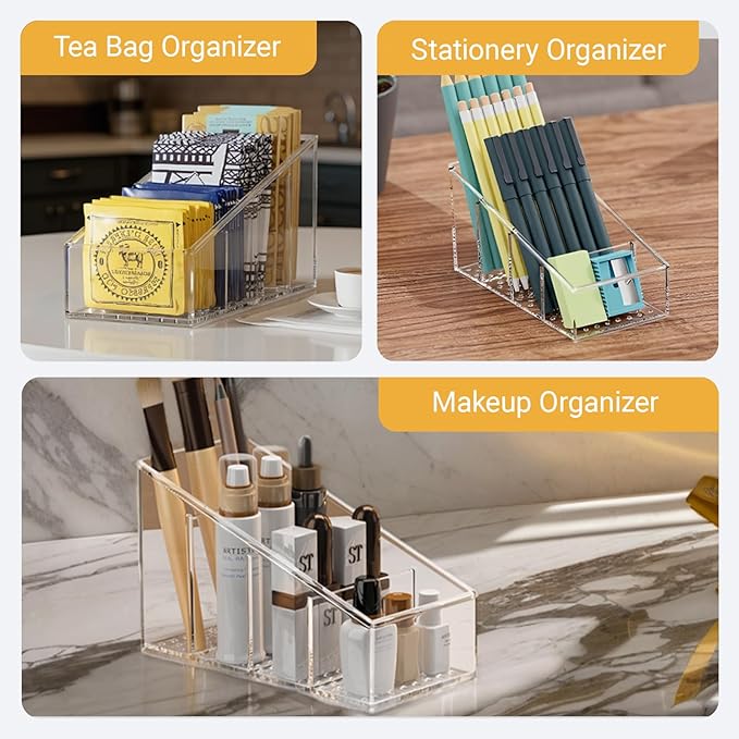 Clear TV Remote Control Holder, PET Remote Caddy with 4 Compartments, Mini Desktop Organizer for Remotes, Pens, Office Desk and Bedside