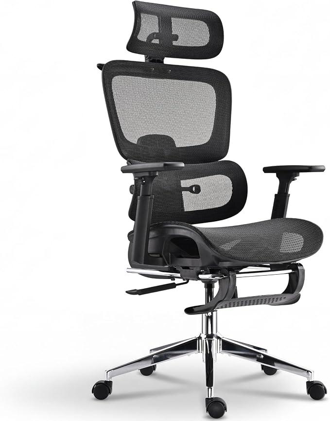 Ergonomic Office Chair, Home Mesh Desk Computer Chair, Comfortable Gaming Chair with Footrest, Wheels, Adjustable 2D Headrest, Lumbar Support, High Back and 3D Armrest, Black