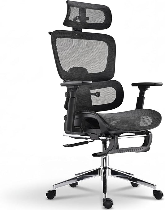 Ergonomic Office Chair, Home Mesh Desk Computer Chair, Comfortable Gaming Chair with Footrest, Wheels, Adjustable 2D Headrest, Lumbar Support, High Back and 3D Armrest, Black