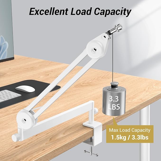 Tonor Mic Arm Desk Mount, Low Profile Boom Arm, Microphone Arm, Adjustable Mic Stand with Desk Mount Clamp, 3/8’’ and 5/8’’ Screwadapter for Most Mic, 37 cm +37 cm(14.6''+14.6''), White, T40LP
