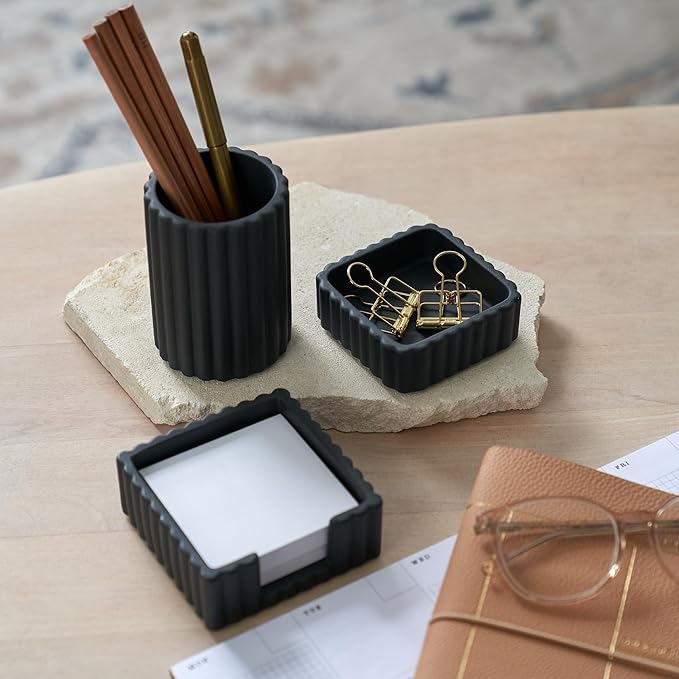 Aesthetic Desk Organizer Set of 3 For Your Office - Sturdy Concrete Desktop Accessories For Women Enhance Any Office Decor - Set incl. Pen Holder, Paperclip Storage & Sticky Note Holder for Teacher