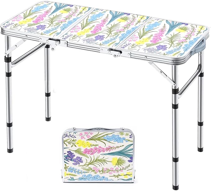 Yriuat Folding Camping Table 3ft Portable Picnic Table Adjustable Height Small Card Table Aluminum Foldable Lightweight with Carry Handle for Outdoor Indoor Hiking Camp BBQ Beach (Blooming Floral)