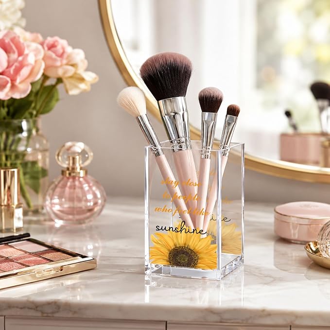 Acrylic Pen Holder Cup Farmhouse Desk Decor, Sunflower Pencil Holder Organizer, Rustic Office Accessories Gift for Women