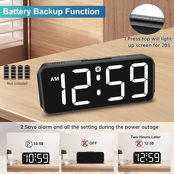Peakeep Small Compact Digital Alarm Clock Plug-in for Bedrooms Bedside | Battery Backup Electric Clock, Large Big Numbers Display for Desk Table Small Spaces, 6 Dimmers, 5 Adjustable Alarm Volume