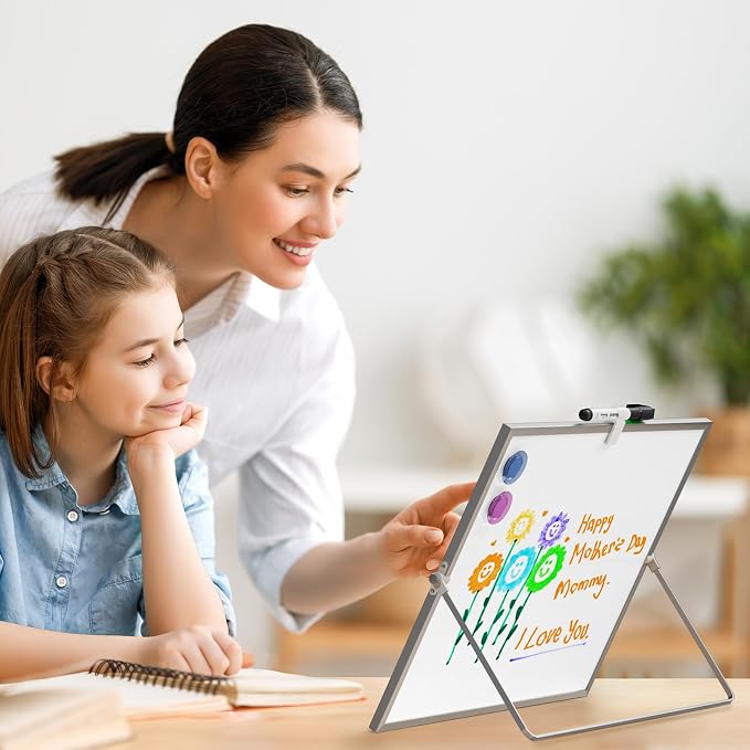 MaxGear Small White Board with Stand, 10" x 10" Double-Sided Whiteboard | Desk Mini Dry Erase Board for Drawing, Kitchen Grocery List, Memo, Planning, Magnetic Surface Aluminium Frame