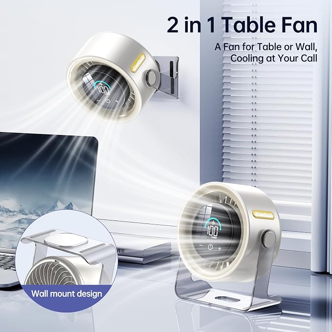 Cordless Wall Mounted Fan, Small Rechargeable Wall Fan for Bedroom and Kitchen, 100 Speeds Quiet Fan with Digital Display, 120° Tilt 2-in-1 Portable Desk Fan for Bunk Bed(White)