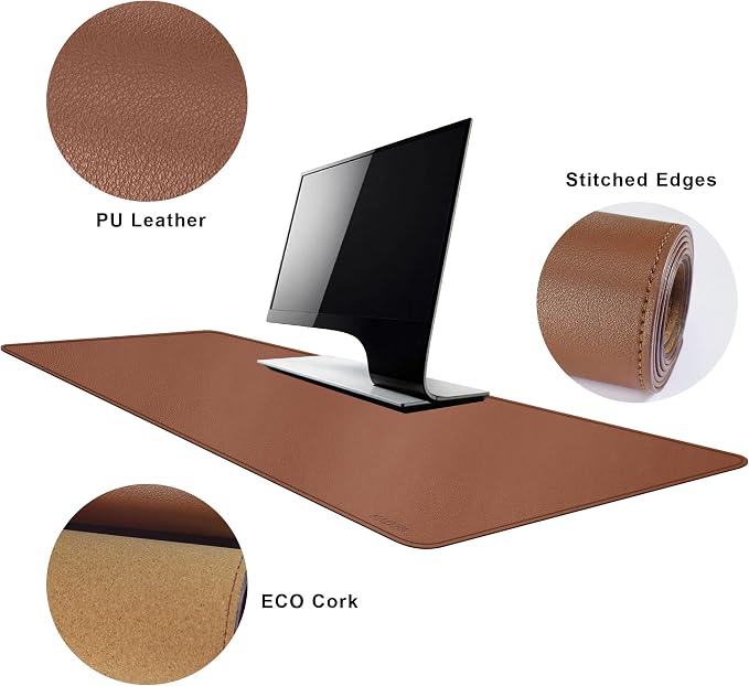 MAIDERN 47.2" x 15.7" Cork & Leather Desk Pad, Large XXL Mat, Full Mouse Pad, Dual Sided Protector for Gaming Home Office (Brown)