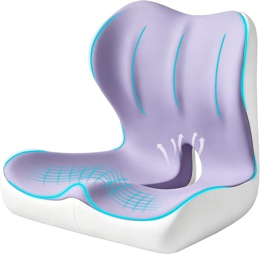 Seat Cushion for Office Chair and Car, Ergonomic Memory Foam Seat Cushion with Lumbar Support Pillow, Orthopedic Cushion for Sciatica & Back Pain, Purple & Light Gray