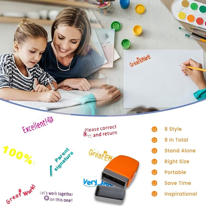 Teacher Stamps for Classroom Grading Parent Signature Self-Inking Stamp Set for Teachers Appreciation Gifts for Women with Motivational Encouraging Back to School Homeschool & Teacher Supplies (8Pcs)