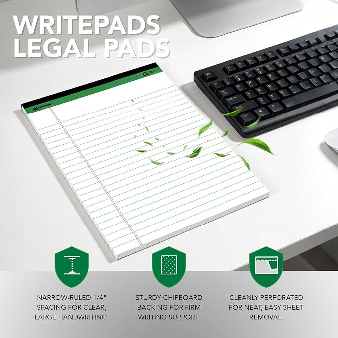 KAISA White Legal Pads Writing Pads 600 Sheets Recycled Paper 5"x8" Narrow Ruled Lined Paper Small Legal pad Perforated 50 sheets Hard Back Notepads Writing Tablet For Office Supplies Study (White 12pads)