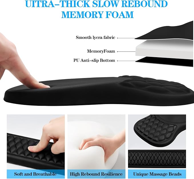 Ergonomic Wrist Rest for Keyboard and Mouse Pad Support Set, Soft Memory Foam Massage Design Relieves Wrist Pain, Non-Slip PU Base for Computer Desk (2-in-1 * Black