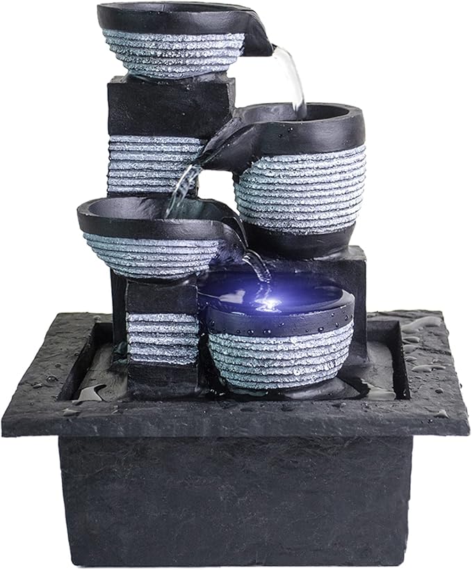 Ferrisland Tabletop Waterfall Fountain - 3-Step Modern Water Fountain with LED Light for Office Desktop Decor