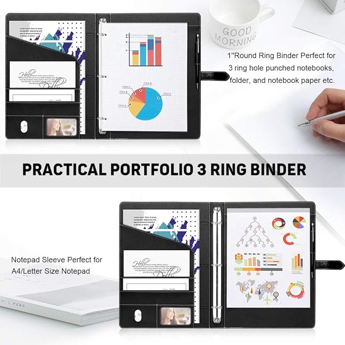Toplive Padfolio 3 Ring Binder Organizer Business Portfolio Folder for Women, A4/ Letter Size PU Leather Professional Portfolio Padfolio for Interview Conference Presentation, Black