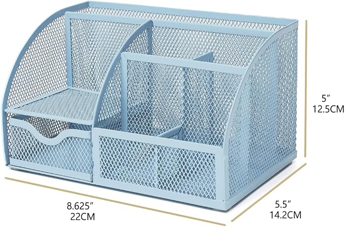 Annova Mesh Desk Organizer Office with 7 Compartments + Drawer/Desk Tidy Candy/Pen Holder/Multifunctional Organizer (New Blue23)