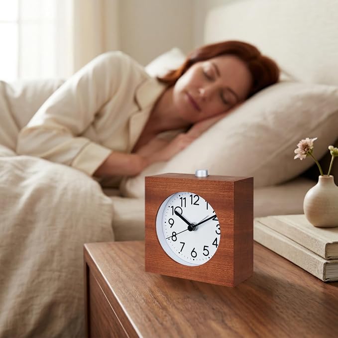 Wooden Analog Alarm Clock Silent Battery Operated with Night Light | Wood Body Non-Ticking for Tabletop Bedroom Bedside Heavy Sleepers Brown
