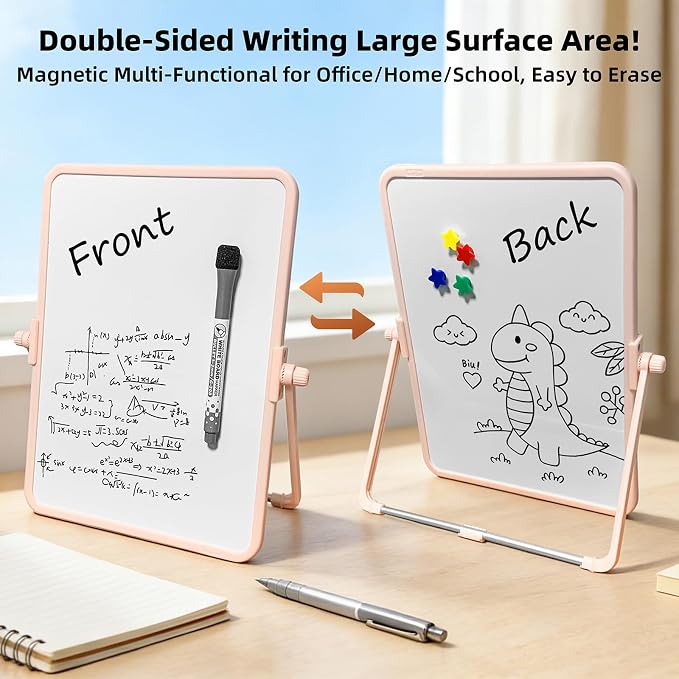 Colorful Dry Erase White Board 8.3x11in, Magnetic Desktop Board with Stand, 2 Markers (Eraser Head), 4 Magnets - Double-Sided Easel for Daily Planning, Memo, Office/Home/School (Pink)