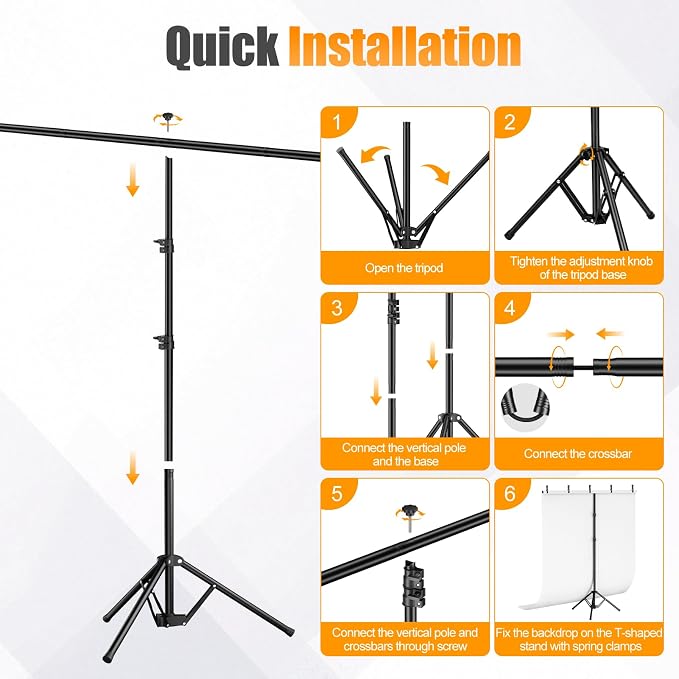 White Backdrop Stand Kit 5x6.5ft with T-Shaped Stand, White Screen Background with Reverse Folding Base Portable Carrying Bag and 5 Clamps for Photography Streaming, Gaming, Video Recording