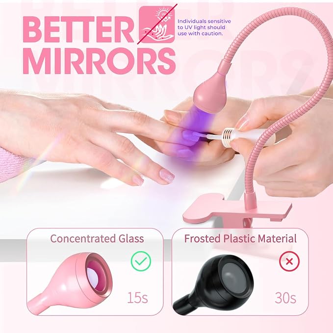 UV Nail Lamp - UV Light for Gel Nails, Flash Cure Lamp, LED Gooseneck Flash Cure Lamp for Nails, Manicure Dryer Black Light with Clamp, 365+395nm Wavelength 5V 3W 4 Levels Dimming Pink