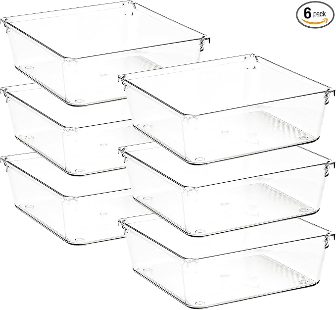 6 Pack Drawer Organizers, 6"X 6" Clear Acrylic Storage Bins | Acrylic Tray Design, Non-Slip Pads, Desk Storage Helper, For Makeup, Jewelry, Kitchen, Bathroom, Office Organization