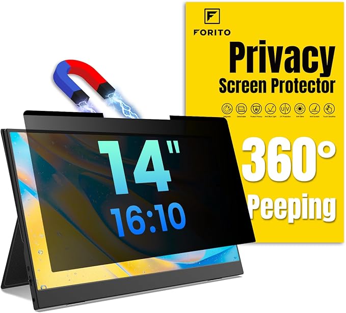 F FORITO 14 inch 16:10 Magnetic Laptop Privacy Screen, 360° Anti Peeping Removable Anti Glare Blue Light Filter Compatible with All 14” 16:10 Laptops Portable Monitors