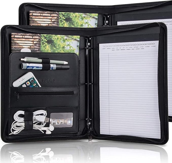 【2 Pack】 Padfolio Resume Portfolio Folder,OOWOLF PU Leather Professional with Round Ring Binder 8.5 x 11 Inch Writing Pad Tablet Sleeve Interview Document Organizer Business Card Holder Case