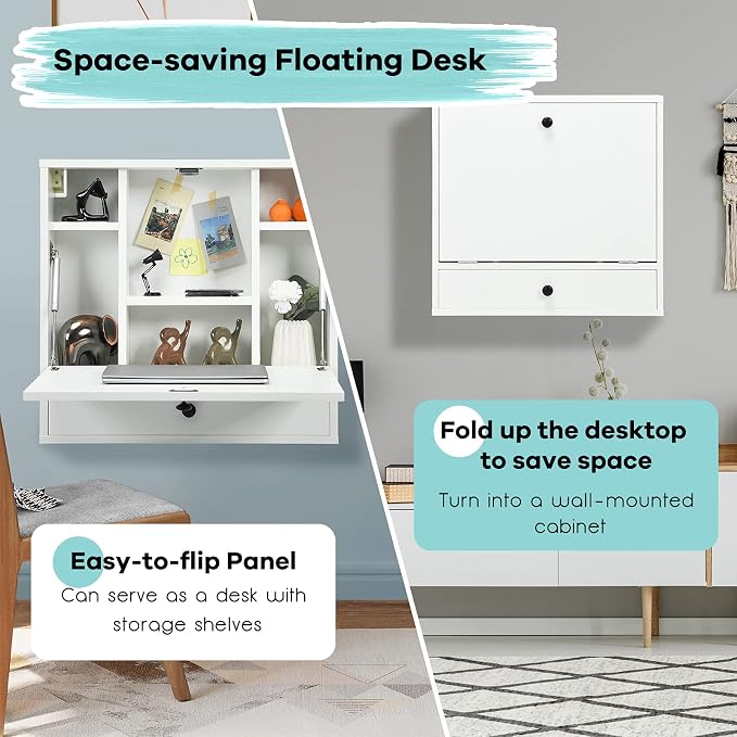 Tangkula Wall Mounted Desk, Pneumatic Floating Laptop Desk with Magnetic Foldable Tabletop, Space Saving Wall Mounted Table Wall Desk with Storage Drawer and Shelves (White)