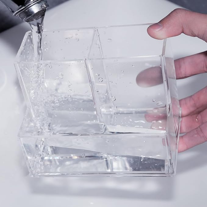 HSYMQ Desktop Clear Pen Holder with 3 Compartments, Acrylic Pencil Holders, Desk Organizers and Accessories
