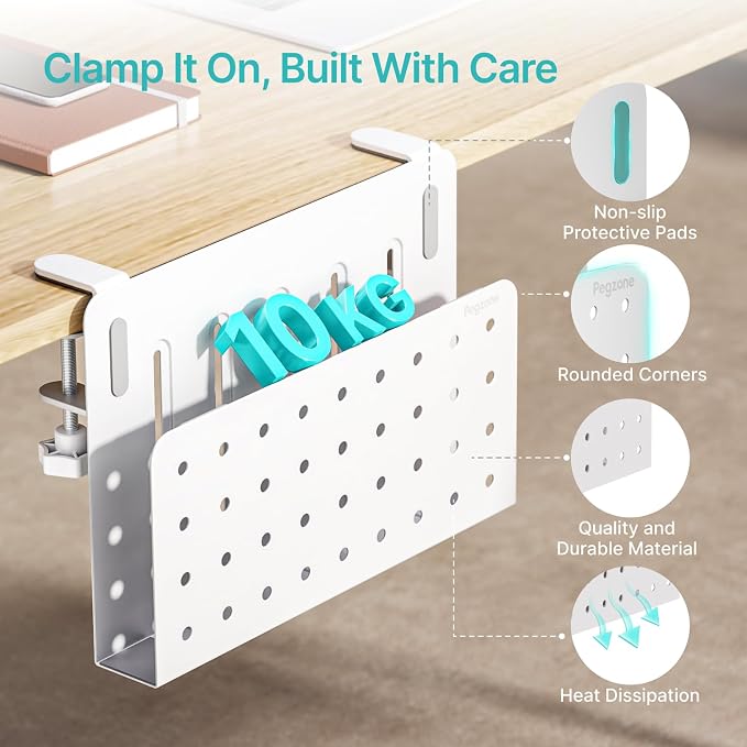 PEGZONE Desk Side Storage Organizer, Fits Flat Edge 0.4" to 2.2", White | No Drill Under Desk Laptop Holder, Clamp on Desks Shelf with Pegboard Accessories, Hanging Laptop Mount
