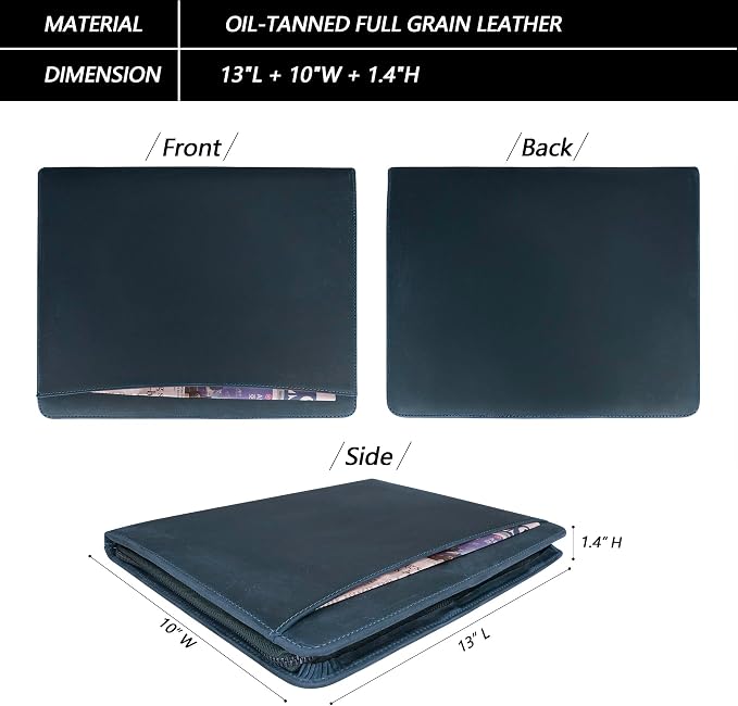 JinRuiKJ Full Grain Leather Portfolio with Zipper, Professional Business Organizer for Men Women, Executive Resume Folder with A4 Notepad Holder, Card Slots, Pen Loop, 10x13'', Luxury Gift Set (Blue)