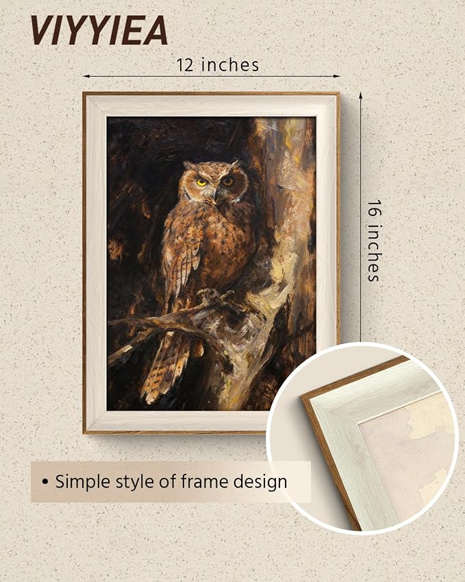 VIYYIEA Vintage Framed Wall Art for Living Room, Owl II Canvas Prints, Oil Painting Home Decor, Animals Picture, Bathroom Wall Decor Gifts for Friends or Family - 16L x 12W