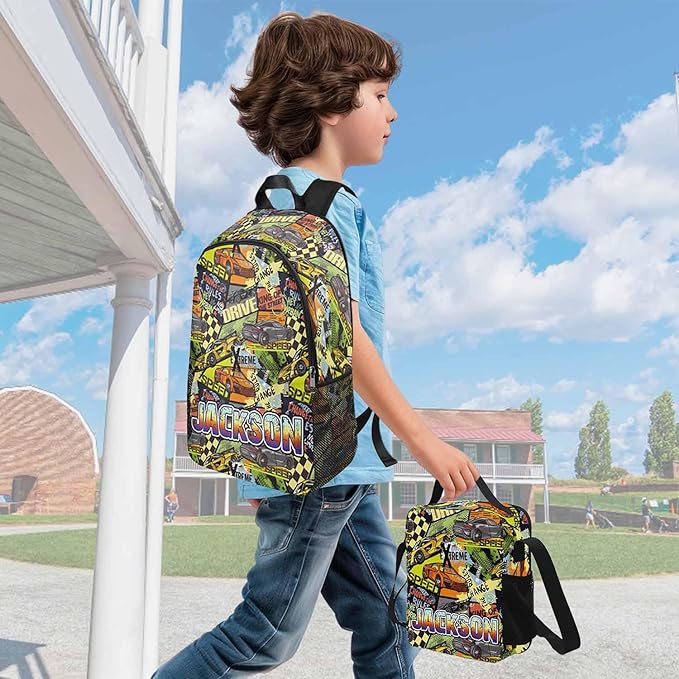 Personalized Cars Toddler Backpack with Name Custom Kids School Backpack for Boys Back to School Supplies Customized Name Schoolbag Bookbag and Water Bottle Cup&Pencil Pouch for Preschool Elementary