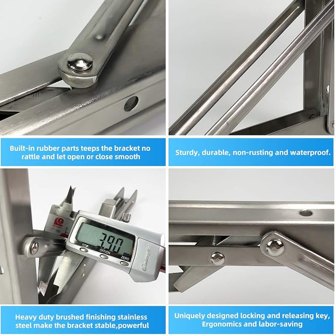 Folding Shelf Brackets 16 Inch, Heavy Duty Stainless Steel Collapsible Hinges Wall Mounted Angle L Bracket for Floating Shleves DIY Foldable Work Bench Table Desk - 6 Pack