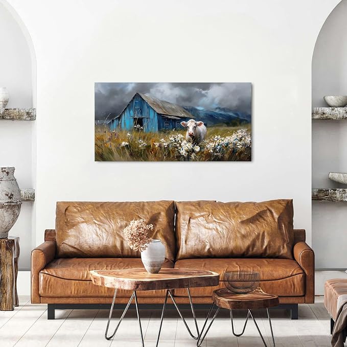Farmhouse Barn Wall Art Cow Pictures Wall Decor Rustic Blue Barn Landscape Kitchen Wall Decor Country Wildflower Meadow Field Canvas Prints Artwork for Living Room Dining Room Home Decoration 20x40"