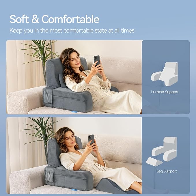 Kayfia Reading Pillow, Gel Memory Foam Back Rest Pillow, 21'', Gray | 3 Storage Pockets, Dual-Use Back Leg Support Pillow, Detachable Armrests, Ideal for Reading, Gaming, Working on Bed & Couch