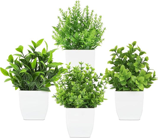 4 Pack Small Fake Plants Mini Artificial Plants Potted Desk Plant for Table Desk Bathroom Shelf Home Kitchen Office Decor